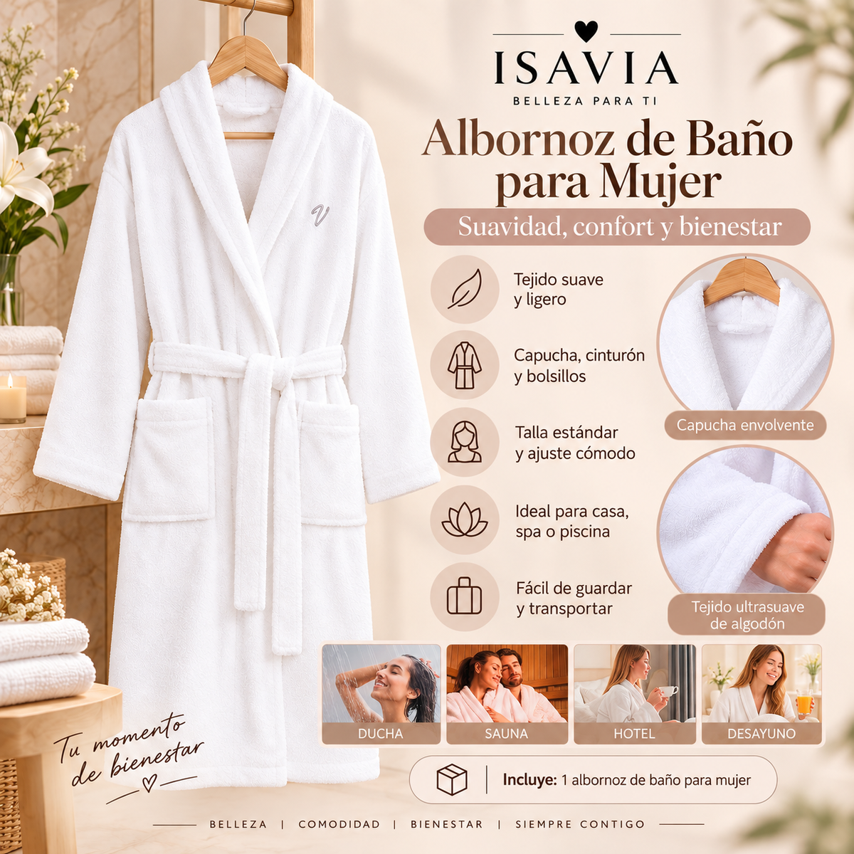 CloudSoft™ — Albornoz Femenino Extra Suave y Absorbente